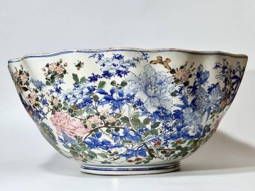 瀬戸焼 横浜焼 染錦花鳥図大鉢 - SS+